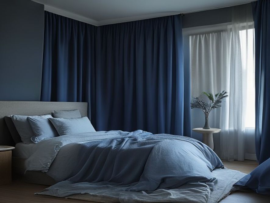 Dark, cool bedroom with minimal lighting and comfortable bedding