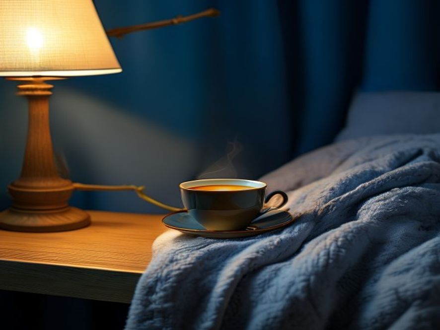 Warm cup of herbal tea on a bedside table with soft evening lighting